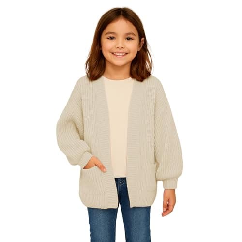 Image of janisramone® Girls Balloon Sleeve Cardigan with Pockets, Open Front Chunky Knitted Oversized Cardigan Comfortable Warm Winter Cardigans for Girls Age 7-13 Years Stone