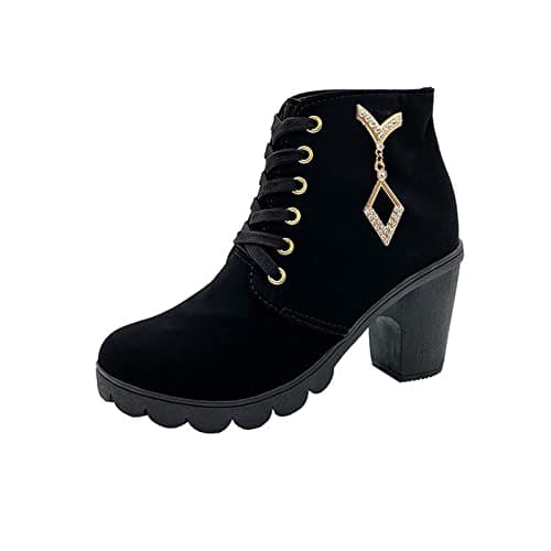 Image of Ankle Boots Women Casual Comfortable Lace Up Booties Faux Suede Thick Sole Round Toe Stylish Block Heel Non Slip Biker Boots Outdoor Office