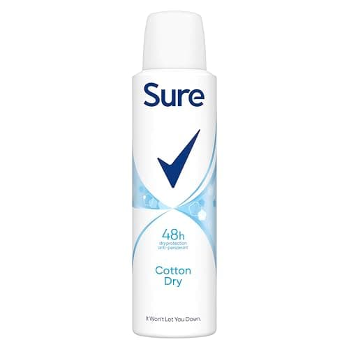Image of Sure Cotton Dry Anti-Perspirant Aerosol Women's Deodorant Spray with a clean fragrance inspired by fresh cotton sheets for 48 hour protection against sweat and odour 6x 150 ml
