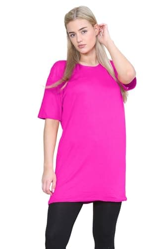 Image of janisramone® Womens Short Sleeve Tunic T Shirts, Round Neck Oversized T Shirts for Women UK, Soft Comfortable Pj Dress, Perfect Summer Longline Ladies Tops Neon Pink