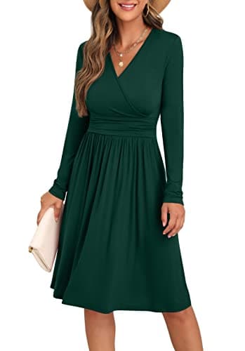 Image of GRECERELLE Womens Autumn Wrap Dress Ladies Casual Long Sleeve V-Neck Midi Dresses for Women (Dark Green, XXL)