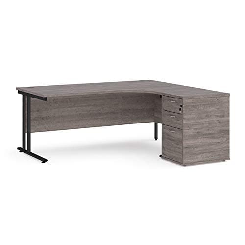 Image of Mr Office Maestro 25 right hand ergonomic desk with black cantilever frame and desk high pedestal bundle, Grey oak, 1800
