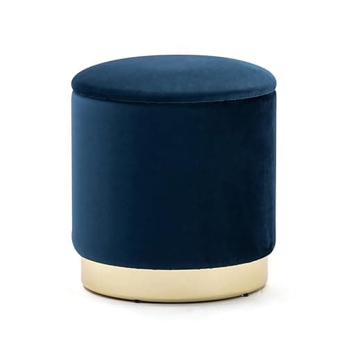 Image of HNNHOME 37cm Round Velvet Ottoman Storage Box with Lid, Pouffe Seat Chair, Living Room Footstool, Bedroom Dressing Stool with Gold Plating Base (Dark Blue)