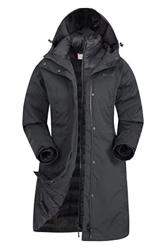 Image of Mountain Warehouse Alaskan Womens 3 In 1 Long Jacket - Waterproof, Breathable, Adjustable Raincoat, Detachable Inner Coat & Taped Seams - Spring Summer, Outdoors Jet Black Women's Size 8
