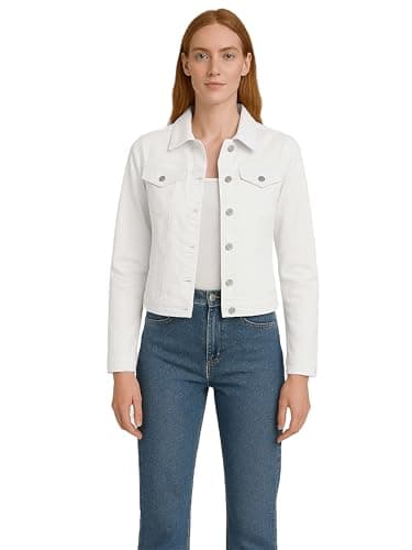 Image of kraftd Women's Denim Jackets Casual Summer Long Sleeve Jacket | Ladies Denim Jackets Button Up Slim Fit | Stretch Denim Jacket | Jacket Women UK with Collared Neckline and Pockets (White, 10)