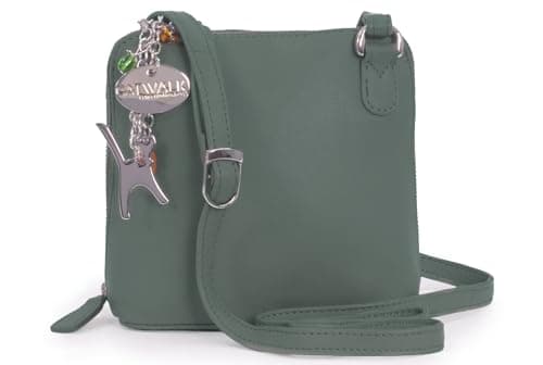 Image of Catwalk Collection Handbags - Small Leather Crossbody Bag For Women - Mini Shoulder Bag - Long Adjustable Strap - Lena - Green