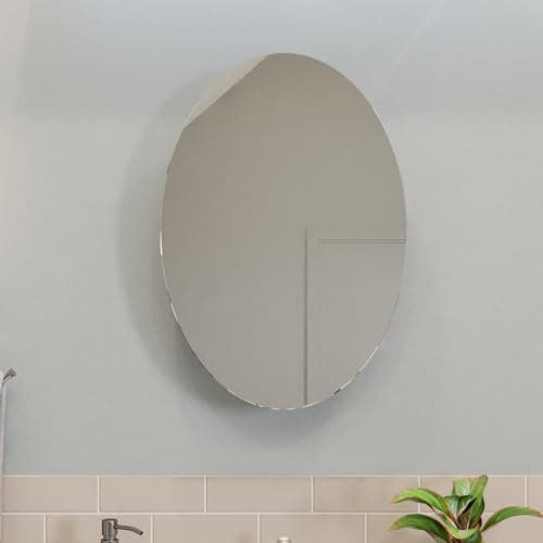 Image of Croydex Tay Oval Polished Stainless Steel Bathroom Storage Cabinet with Mirrored Door, Ideal Bathroom Mirror Solution for Small Spaces, Fixed Shelf, 90-Degree Pivot Hinge, 650x450mm