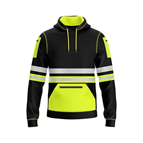 Image of trending babz Mens Hi Vis Pullover Hoodie Reflective Tape Safety Work Drawstring Multi Zipped Pockets High Viz High Visibility Hoodie Sweatshirt (UK, Alpha, XL, Regular, Regular, Yellow Black)
