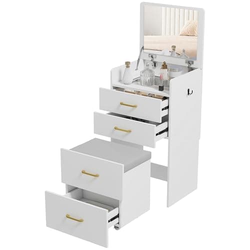 Image of HOMCOM Two Piece Dressing Table with Flip Top Mirror and Rolling Stool, Modern Vanity Desk with Visible Glass Tabletop, Drawers and Side Hook, Makeup Table, Cushioned Storage Stool for Bedroom, White