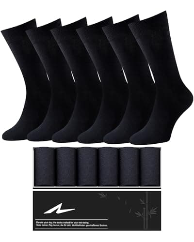 Image of Niorasen 6 Pairs Bamboo Mens Socks, Comfortable Soft Top Crew Socks, Breathable Smart Classic Dress Sock with Gift Box for Everyday Business Casual black 9-12