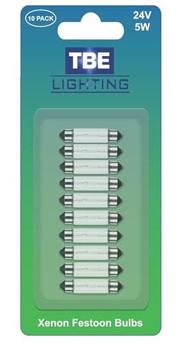 Image of TBE LIGHTING Replacement Festoon Bulbs, PACK OF 10 Xenon lights 242 C5W Bulb for Lorry Number Plates and Interior Truck Lights. Clear glass finish, Warm White colour- 24v / 5w / Dimmable 11mm x 41mm