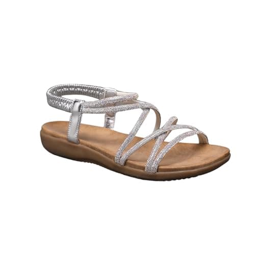 Image of IVACHY Women's Silver Gladiator Sandals – Rhinestone Strappy Flat Summer Sandals with Ankle Strap | Elegant Sparkly Open Toe Shoes for Beach, Casual, Holiday, and Party