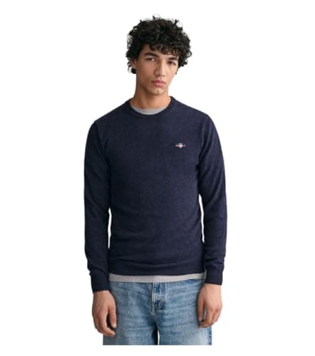 Image of GANT Men's Superfine Lambswool C-Neck Pullover Sweater, Dark Navy Melange,