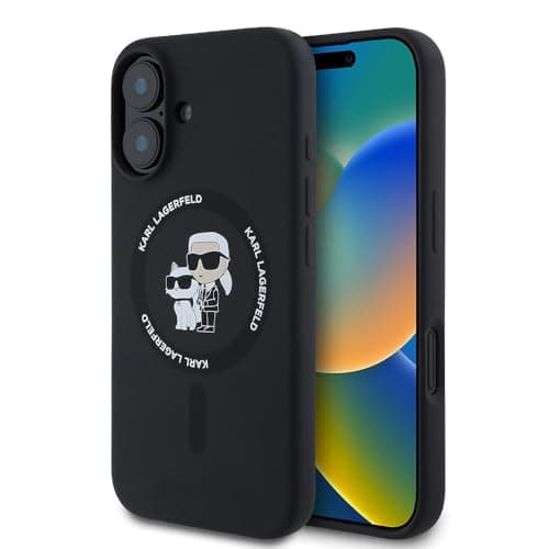 Image of CG MOBILE Karl Lagerfeld KLHMP16SSCMKCRHK Case for iPhone 16 6.1 Inch Black Hard Case Silicone Karl & Choupette Heads Ring