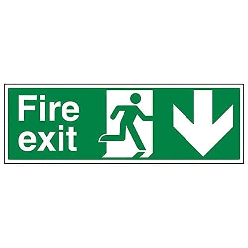 Image of V Safety Fire Exit Arrow Down Sign - Landscape - 450mm x 150mm - 2mm Rigid Plastic