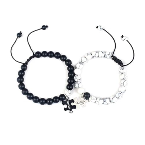 Image of JSNOM Matching Bracelets for Couples Gifts: Long Distance Relationsihp Bracelet for Boyfriend Girlfriend Fiance Soulmate on Birthday Christmas Valentine's Day (A-Always&Forever-BW)