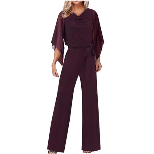 Image of AMDOLE Women's Jumpsuit Elegant Wedding Pant Suit Summer Long Jumpsuit Casual Pant Suit 3/4 Sleeve Solid Color Jumpsuit High Waist Jumpsuit Jumpsuit Holiday Jumpsuit Ladies Warm up Pants (Red, M)