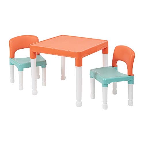 Image of Liberty House Toys Childrens Table and Two Chair Set, Green Orange White, Table-51cm H x 51cm W x 43cm D 27cm x 31cm x 44cm, Seat Height 26cm