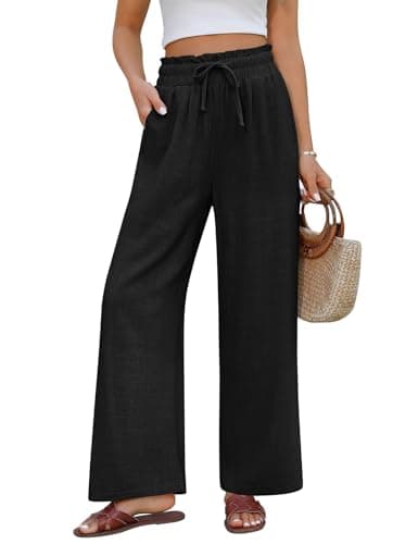 Image of PASUDA Womens Linen Trousers Summer Wide Leg Pants Cotton Linen Casual Pants with Pockets Elasticated High Waist with Drawstring Loose Lounge Pants for Ladies (Black, M)