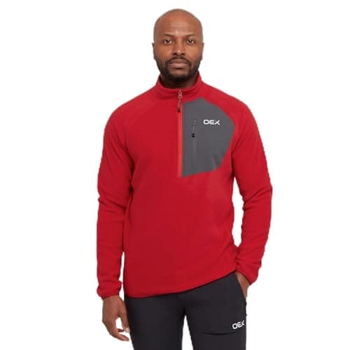 Image of OEX Men’s Braewick Half Zip Fleece with 100% Recycled Fabric & Zipped Chest Pocket, Soft, Lightweight & Active FitTechnical Midlayer Pullover (UK, Alpha, M, Regular, Regular, Red)