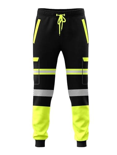 Image of kraftd Men’s Hi Vis Viz Work Trousers Jogging Bottoms Reflective Joggers Sweat Pants Safety High Visibility Combat Trouser Workwear (Black/Yellow, L)