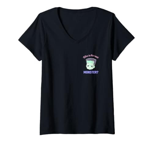 Image of Womens Universal Monsters Cute Anime Frankenstein Front & Back V-Neck T-Shirt