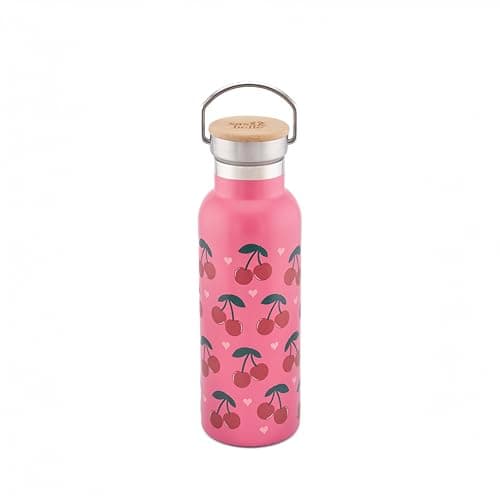 Image of Sass & Belle Cherry Metal Water Bottle 500ml – Stainless Steel Insulated Bottle with Leakproof Lid – Reusable for Kids and Adults, Pink Fruit Print