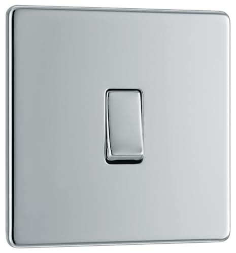 Image of BG Electrical Single Wall Light Switch, 2 Way, Screwless Front Plate, Slim Profile, Premium Flatplate, Polished Chrome, 20A, 16AX, FPC12