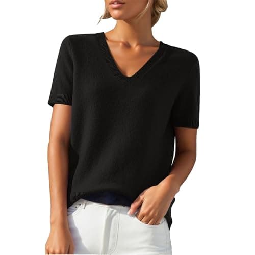 Image of Short Sleeve Jumpers for Women UK V Neck Cashmere Jumpers Ladies Short Sleeve Sweaters Women's Spring Autumn Winter Leisure Solid Tops Cable Knit Jumper Soft Christmas Pullover Daily Home Essentials