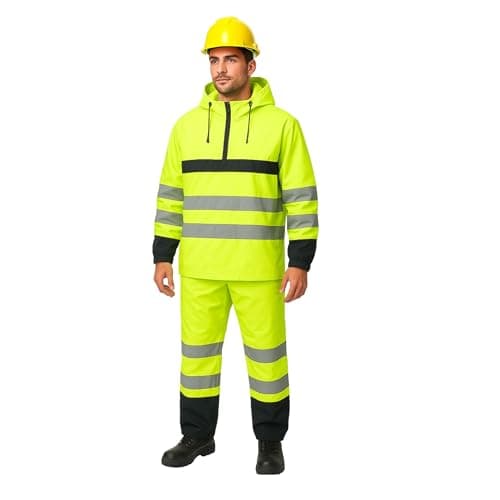 Image of Hi Vis Viz & Plain Rainsuit 2 Piece Set, High Visibility Waterproof Jacket & Trousers with Reflective Tape, Lightweight Hooded Workwear for Men, Safety, Construction, Outdoor Rainwear (YELLOW, s)
