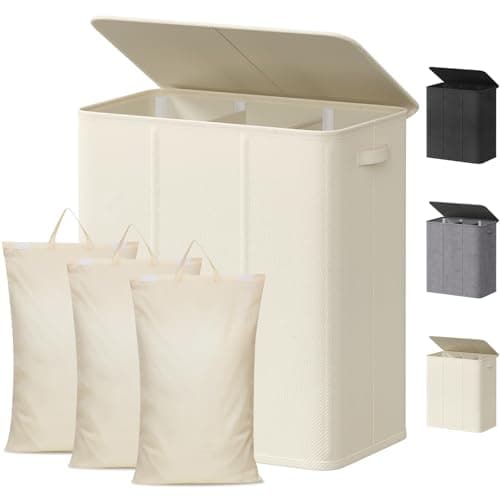 Image of Lifewit 160L Extra Large Laundry Hamper with Lid, 3 Section Laundry Basket with Removable Washing Bags, Divided 3 Compartments Clothes Sorter for Bedroom Bathroom Dorm, White