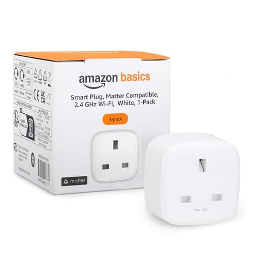 Image of Amazon Basics Smart Plug, Matter Compatible, Compatible with Amazon Alexa, Google Home, Apple HomeKit, Matter Hub Required, 2.4 GHz Wi-Fi only, White, 1-Pack