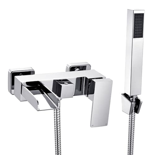 Image of [Wall Mounted] Hapilife Bath Filler Waterfall Mixer Tap Bathroom Taps Mixers Square Bath Taps with Handheld Shower Head Chrome Tub Tap Wall Hung Single Lever