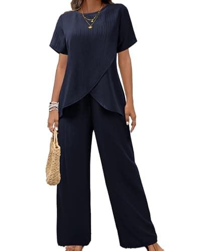 Image of MINTLIMIT Women's 2 Piece Lounge Set Short Sleeve Irregular Top Wide Leg Pants Summer Outfits Casual Matching Tracksuits