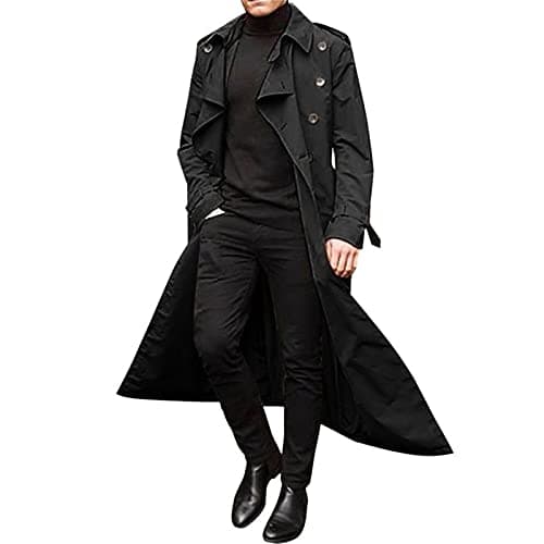 Image of HAOLEI Mens Trench Coat Regular Fit Full Length Casual Smart Overcoat Formal Business Long Jackets Long Pea Coats Windproof Windbreaker Winter Warm Outwear UK Size 10-18