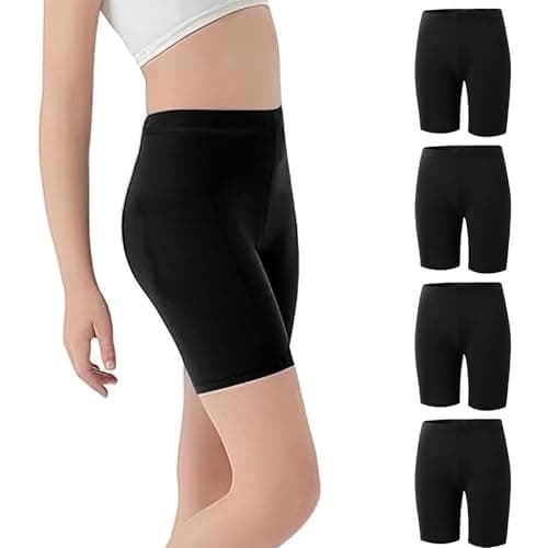 Image of InfiniZer 4 Pack Girls Cycling Shorts Breathable Dance Cycle Gymnastic PE Shorts Under Dress Leggings for Teen Kids Girls Age 5-12 (Age 6-7 Years, Black)
