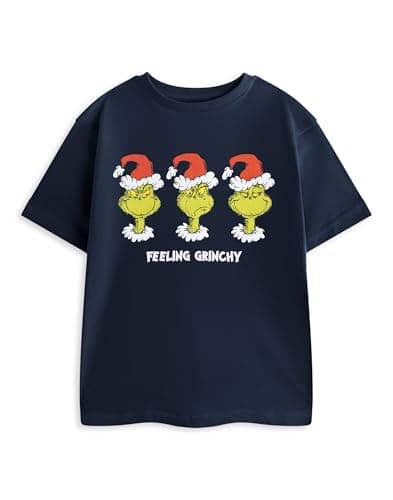 Image of The Grinch Kids Navy Blue Graphic Tee | Feeling Grinchy Short Sleeve T-Shirt with Character Print | Christmas Festive Wear Top | Movie Merchandise Merch - 2-3 Years