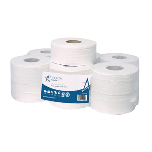 Image of Andarta - 76mm Core 2Ply Mini Jumbo White Toilet Rolls - Pack of 12 High Capacity Toilet Roll - 150m Per Roll - Made from Recycled Materials - Suitable for All Jumbo Dispenser