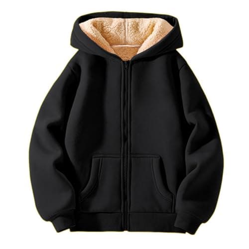 Image of Boys Girls Sherpa Fleece Lined Jacket Kids Winter Warm Athletic Hoodies Thick Zip Up Hooded Sweatshirt with Pockets Windproof Thermal Sports Coat (Black, 9-10 Years)
