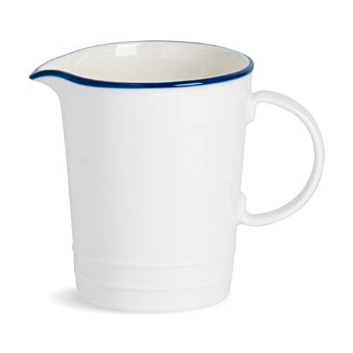 Image of Nicola Spring Farmhouse Milk Jug - 300ml White & Blue Porcelain Rustic Country Cottage Creamer Pitcher with Rolled Rims, Comfort Handle & Tapered Spout