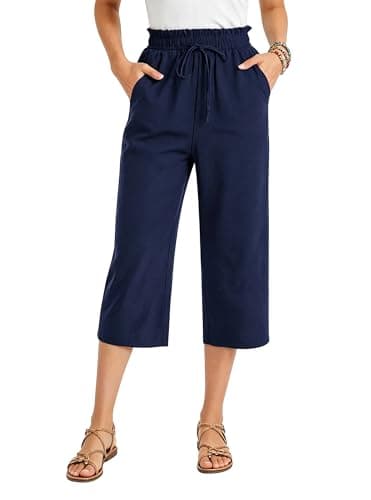 Image of Oyamiki Cropped Trousers Women Summer Navy Blue Wide Leg Lounge Culottes Elasticated Waist Lightweight Casual Pants S