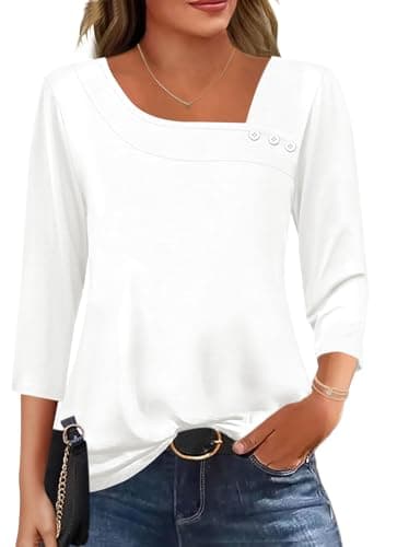 Image of Kistore Plus Size 3/4 Length Sleeve Womens Tops Asymmetrical Neck Tunic Tops Business Casual Dressy Blouses Loose Fit Flowy Solid Shirt 2XL White