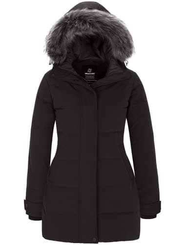 Image of Wantdo Women’s Outdoor Winter Fleeced Lined Puffer Coat Long Warm Thicken Parka Coat Classic Ladies Water Resistant Padded Jacket Hooded Windproof Quilted Jacket Black L