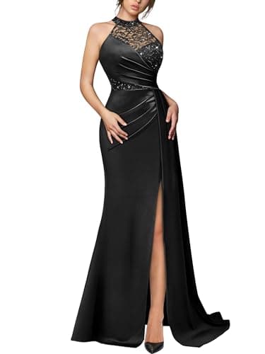 Image of MIUSOL Women's Retro Sleeveless Halter Neck High Slit Evening Party Banquet Wedding Maxi Dress (Medium, Black)
