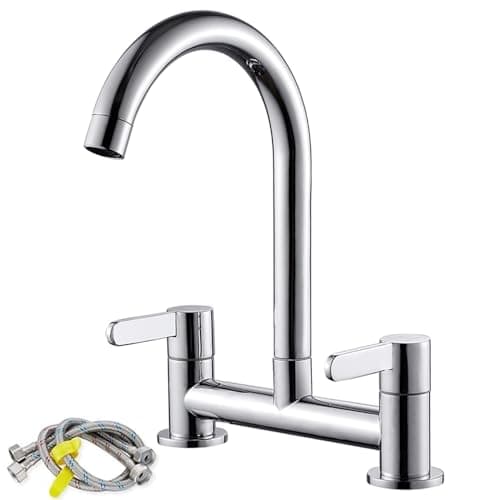 Image of Keyohome Kitchen Mixer Taps 2 Hole 360° Swivel Spout Chrome Dual Lever Kitchen Sink Taps, Cold and Hot Mixer Tap Deck Mounted 1/4 Turn Faucet with UK Standard Fittings 2 Hole Bridge Tap