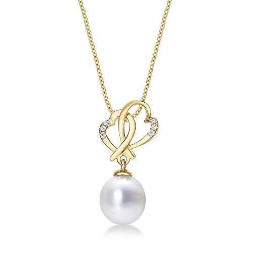 Image of Genuine Pearl Necklace with 8-8.5mm White Real Freshwater Pearl Pendant & Dazzling Cubic Zirconia. Interlocking Heart Necklace with Single Pearl in Luxurious 9K Yellow Gold with 20 inch Gold Chain.