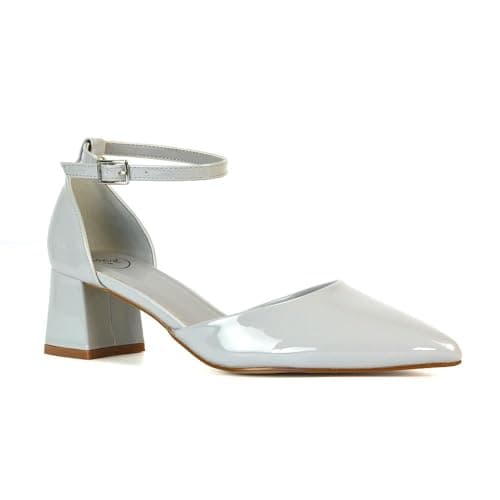 Image of Women's Ankle Strap Court Shoes Ladies 2 Piece Point Toe Block Light Grey Patent Low Heel Classic Party Pumps Shoes Size 5