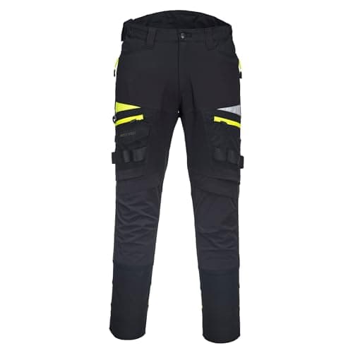 Image of Portwest DX449 Mens Slim Fit Work Trousers - Durable Construction Work Hi Vis Cargo Trousers with Stretch Fabric and Knee Pad Pockets Black, 36