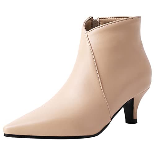Image of Lroey Reoly Women Kitten Heel Ankle Boots, Simple Dress Booties Pointed Toe Zip Mid Heel Booties 081 Apricot Size 5 UK/39
