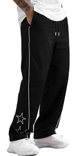 Image of FEOYA Mens Sweatpants Y2k Baggy Track Pants Side Star Casual Trousers Drawstring Streetwear Pants Harajuku Joggers Wide Leg Trousers Black M
